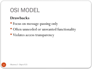 OSI MODEL
Drawbacks
 Focus on message-passing only
 Often unneeded or unwanted functionality
 Violates access transparency
32 Okemwa J - Dept of CS
 