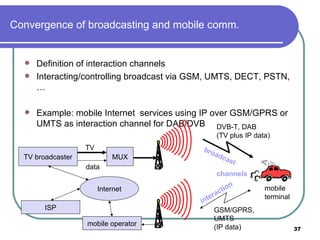 Convergence of broadcasting and mobile comm. Definition of interaction channels Interacting/controlling broadcast via GSM, UMTS, DECT, PSTN, … Example: mobile Internet  services using IP over GSM/GPRS or UMTS as interaction channel for DAB/DVB mobile terminal DVB-T, DAB (TV plus IP data) GSM/GPRS, UMTS (IP data) MUX Internet TV broadcaster ISP mobile operator TV data broadcast interaction channels 