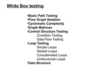 White Box testing
•Basic Path Testing
•Flow Graph Notation
•Cyclomatic Complexity
•Graph Matrices
•Control Structure Testing
Condition Testing
Data Flow Testing
•Loop Testing
Simple Loops
Nested Loops
Concatenated Loops
Unstructured Loops
•Data Structure

 