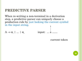 PREDICTIVE PARSER
When re-writing a non-terminal in a derivation
step, a predictive parser can uniquely choose a
production rule by just looking the current symbol
in the input string.
A → α1 | ... | αn input: ... a .......
current token
38
 