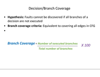 Decision/Branch Coverage
• Hypothesis: Faults cannot be discovered if all branches of a
decision are not executed
• Branch coverage criteria: Equivalent to covering all edges in CFG
•
Branch Coverage = Number of executed branches
Total number of branches
X 100
 