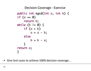 Decision Coverage - Exercise
• Give test cases to achieve 100% decision coverage ..
35
 