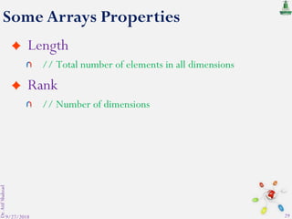Some Arrays Properties
Length
// Total number of elements in all dimensions
Rank
// Number of dimensions
9/27/2018
Dr.AtifShahzad
29
 