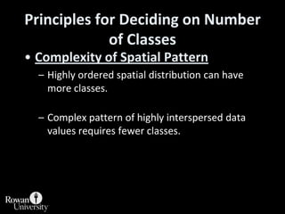 Principles for Deciding on Number of ClassesComplexity of Spatial PatternHighly ordered spatial distribution can have more classes. Complex pattern of highly interspersed data values requires fewer classes. 