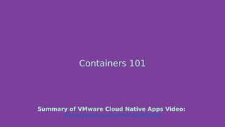 Containers 101
2019.ha.camp
Summary of VMware Cloud Native Apps Video:
https://www.youtube.com/watch?v=gFozhTXOx18
 