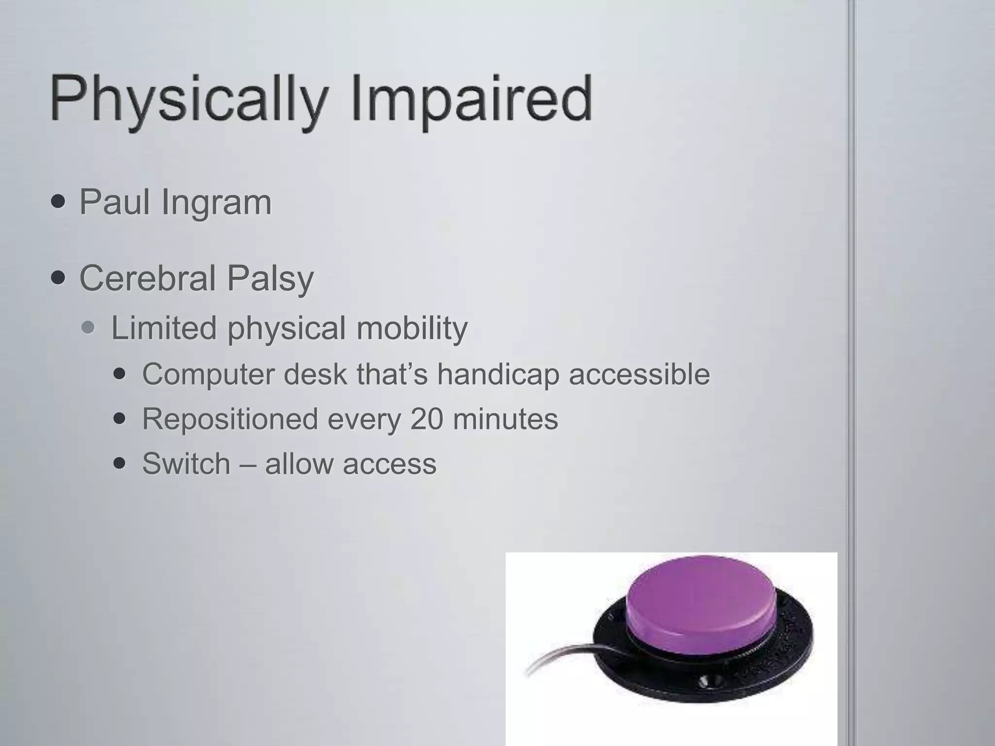 Planned LessonStep 1: Short Article to ReadText Reader – (LD)Step 2: WebQuestZoom-in (VI)Text Reader (LD)Step 3: Create ReportWord Prediction Software (LD)Step 4: Convince Me