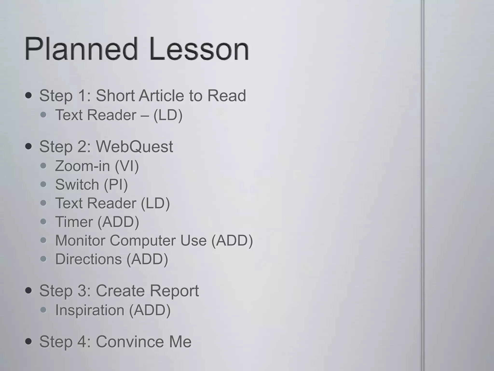 ADD/ADHD (attention variance)AnDrew DentonLack time management skillsMaintain attention for 10 minutesRefocus attention every 8 minutesTimerLack organization skillsDirectionsBoard, physical copy, peer checkAsk students for directions (make sure to check with Andrew)Help organizing factsInspiration outlineDistractibilityMonitor use – too focused on other websites or games 