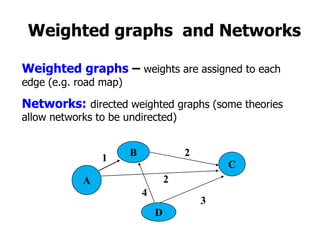 Weighted graphs and Networks
Weighted graphs – weights are assigned to each
edge (e.g. road map)
Networks: directed weighted graphs (some theories
allow networks to be undirected)
A
B
D
C
3
2
4
1
2
 