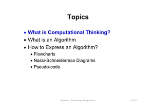 2 of 39Module 1 : Computing and Algorithms
Topics
• What is Computational Thinking?
• What is an Algorithm
• How to Express an Algorithm?
• Flowcharts
• Nassi-Schneiderman Diagrams
• Pseudo-code
 