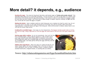20 of 39Module 1 : Computing and Algorithms
• Example: Making scrambled eggs
More detail? it depends, e.g., audience
Source: http://whatscookingamerica.net/Eggs/ScrambledOmelette.htm
 