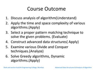 Course Outcome
1. Discuss analysis of algorithm(Understand)
2. Apply the time and space complexity of various
algorithms.(Apply)
3. Select a proper pattern matching technique to
solve the given problems. (Evaluate)
4. Construct advanced data structures( Apply)
5. Examine various Divide and Conquer
techniques.(Analyze)
6. Solve Greedy algorithms, Dynamic
algorithms.(Apply)
Shah and anchor kutchhi Engineering College, Mumbai. Advanced Data Structures & Analysis of Algorithm
 
