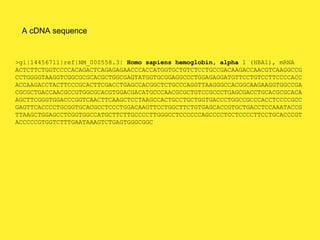 A cDNA sequence
>gi|14456711|ref|NM_000558.3| Homo sapiens hemoglobin, alpha 1 (HBA1), mRNA
ACTCTTCTGGTCCCCACAGACTCAGAGAGAACCCACCATGGTGCTGTCTCCTGCCGACAAGACCAACGTCAAGGCCG
CCTGGGGTAAGGTCGGCGCGCACGCTGGCGAGTATGGTGCGGAGGCCCTGGAGAGGATGTTCCTGTCCTTCCCCACC
ACCAAGACCTACTTCCCGCACTTCGACCTGAGCCACGGCTCTGCCCAGGTTAAGGGCCACGGCAAGAAGGTGGCCGA
CGCGCTGACCAACGCCGTGGCGCACGTGGACGACATGCCCAACGCGCTGTCCGCCCTGAGCGACCTGCACGCGCACA
AGCTTCGGGTGGACCCGGTCAACTTCAAGCTCCTAAGCCACTGCCTGCTGGTGACCCTGGCCGCCCACCTCCCCGCC
GAGTTCACCCCTGCGGTGCACGCCTCCCTGGACAAGTTCCTGGCTTCTGTGAGCACCGTGCTGACCTCCAAATACCG
TTAAGCTGGAGCCTCGGTGGCCATGCTTCTTGCCCCTTGGGCCTCCCCCCAGCCCCTCCTCCCCTTCCTGCACCCGT
ACCCCCGTGGTCTTTGAATAAAGTCTGAGTGGGCGGC
 