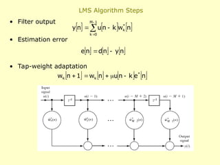 LMS Algorithm Steps
• Filter output
• Estimation error
• Tap-weight adaptation
     





1
M
0
k
*
k n
w
k
n
u
n
y
     
n
y
n
d
n
e 

       
n
e
k
n
u
n
w
1
n
w *
k
k 




 