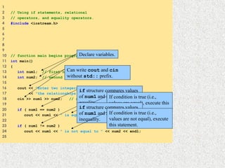 1
2 // Using if statements, relational
3 // operators, and equality operators.
4 #include <iostream.h>
5
6
7
8
9
10 // function main begins program execution
11 int main()
12 {
13 int num1; // first number to be read from user
14 int num2; // second number to be read from user
15
16 cout << "Enter two integers, and I will tell youn"
17 << "the relationships they satisfy: ";
18 cin >> num1 >> num2; // read two integers
19
20 if ( num1 == num2 )
21 cout << num1 << " is equal to " << num2 << endl;
22
23 if ( num1 != num2 )
24 cout << num1 << " is not equal to " << num2 << endl;
25
Can write cout and cin
without std:: prefix.
Declare variables.
if structure compares values
of num1 and num2 to test for
equality.
If condition is true (i.e.,
values are equal), execute this
statement.if structure compares values
of num1 and num2 to test for
inequality.
If condition is true (i.e.,
values are not equal), execute
this statement.
 