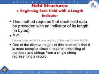 D e p a r t m e n t o f C o m p u t e r E n g i n e e r i n g
D o k u z E y l ü l U n i v e r s i t y
Field Structures:
2. Beginning Each Field with a Length
Indicator
 This method requires that each field data
be preceded with an indicator of its length
(in bytes).
 E.G.
04Ames04Mary09123 Maple10StillWater02OK0574075
 One of the disadvantages of this method is that it
is more complex since it requires extracting of
numbers and strings from a single string
representing a record.
15
 
