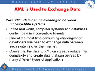 D e p a r t m e n t o f C o m p u t e r E n g i n e e r i n g
D o k u z E y l ü l U n i v e r s i t y
XML is Used to Exchange Data
With XML, data can be exchanged between
incompatible systems
• In the real world, computer systems and databases
contain data in incompatible formats.
• One of the most time-consuming challenges for
developers has been to exchange data between
such systems over the Internet.
• Converting the data to XML can greatly reduce this
complexity and create data that can be read by
many different types of applications.
 