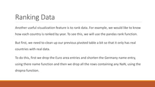 Ranking Data
Another useful visualization feature is to rank data. For example, we would like to know
how each country is ranked by year. To see this, we will use the pandas rank function.
But first, we need to clean up our previous pivoted table a bit so that it only has real
countries with real data.
To do this, first we drop the Euro area entries and shorten the Germany name entry,
using there name function and then we drop all the rows containing any NaN, using the
dropna function.
 