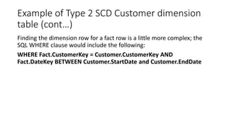 Example of Type 2 SCD Customer dimension
table (cont…)
Finding the dimension row for a fact row is a little more complex; the
SQL WHERE clause would include the following:
WHERE Fact.CustomerKey = Customer.CustomerKey AND
Fact.DateKey BETWEEN Customer.StartDate and Customer.EndDate
 