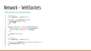 Network - WebSockets
https://github.com/websockets/ws
 