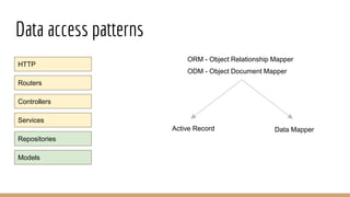 Data access patterns
HTTP
Routers
Controllers
Services
Repositories
Models
ORM - Object Relationship Mapper
ODM - Object Document Mapper
Active Record Data Mapper
 