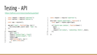 Testing - API
https://github.com/visionmedia/supertest
 