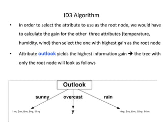 ID3 Algorithm
• In order to select the attribute to use as the root node, we would have
to calculate the gain for the other three attributes (temperature,
humidity, wind) then select the one with highest gain as the root node
• Attribute outlook yields the highest information gain è the tree with
only the root node will look as follows
 