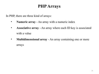 PHPArrays
In PHP, there are three kind of arrays:
• Numeric array - An array with a numeric index
• Associative array - An array where each ID key is associated
with a value
• Multidimensional array - An array containing one or more
arrays
26
 