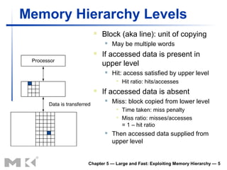 Memory Hierarchy Levels
              Block (aka line): unit of copying
                   May be multiple words
              If accessed data is present in
               upper level
                   Hit: access satisfied by upper level
                        Hit ratio: hits/accesses
              If accessed data is absent
                   Miss: block copied from lower level
                        Time taken: miss penalty
                        Miss ratio: misses/accesses
                         = 1 – hit ratio
                   Then accessed data supplied from
                    upper level


         Chapter 5 — Large and Fast: Exploiting Memory Hierarchy — 5
 