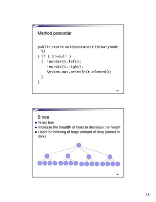 Method postorder


public static void postorder (BinaryNode
  t)
{ if ( t!=null )
  { inorder(t.left);
     inorder(t.right);
     System.out.println(t.element);
  }
}

                                                 35




B tree
N-ary tree
Increase the breadth of trees to decrease the height
Used for indexing of large amount of data (stored in
disk)




                                                 36




                                                       18
 