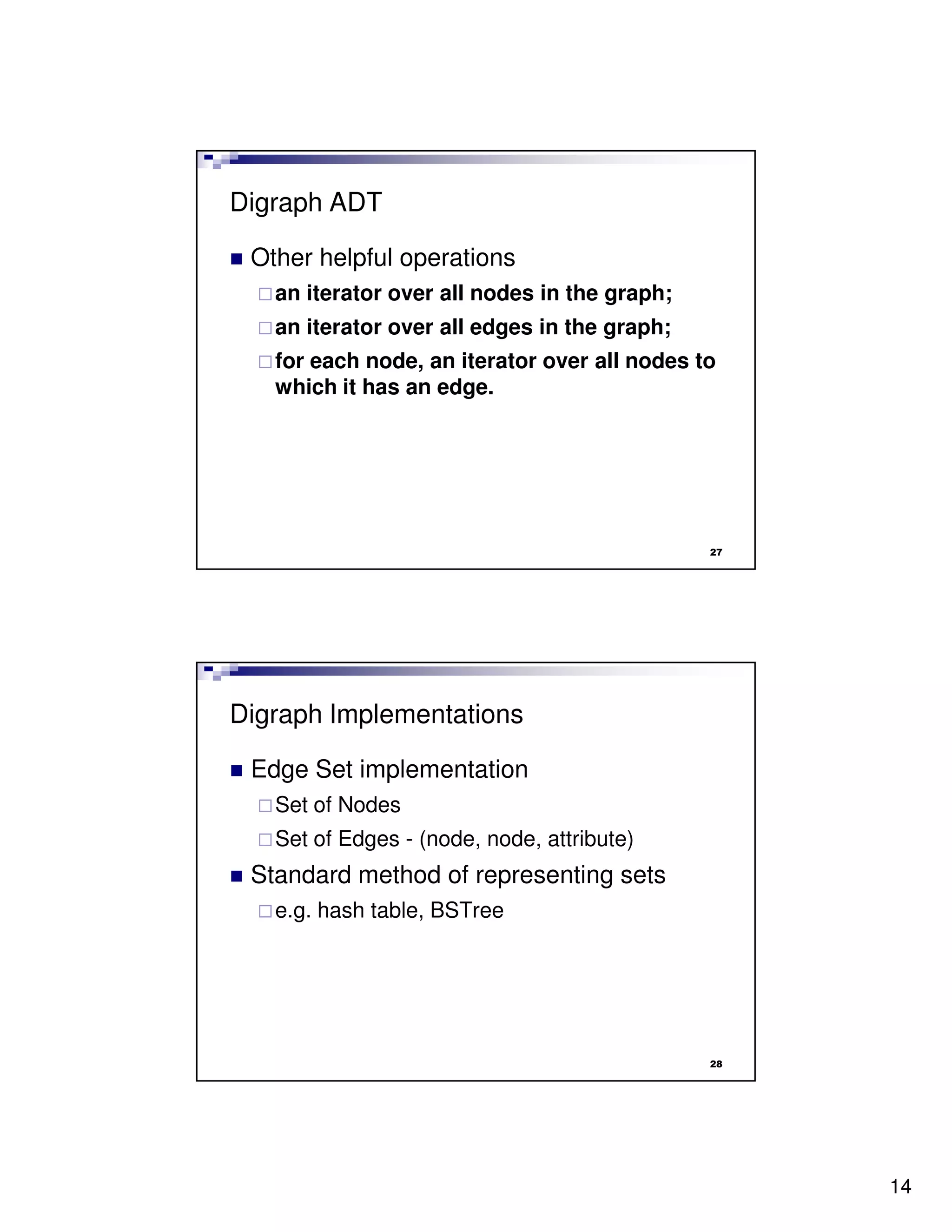 Digraph ADT

 Other helpful operations
   an iterator over all nodes in the graph;
   an iterator over all edges in the graph;
   for each node, an iterator over all nodes to
   which it has an edge.




                                              27




Digraph Implementations

 Edge Set implementation
   Set of Nodes
   Set of Edges - (node, node, attribute)
 Standard method of representing sets
   e.g. hash table, BSTree




                                              28




                                                   14
 