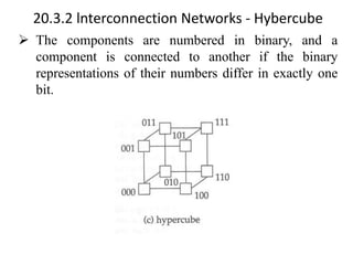 20.3.2 lnterconnection Networks - Hybercube
➢ The components are numbered in binary, and a
component is connected to another if the binary
representations of their numbers differ in exactly one
bit.
 