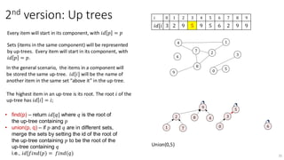 35
2nd version: Up trees
1
2 3
5
4
0
𝑖 0 1 2 3 4 5 6 7 8 9
𝑖𝑑[𝑖] 3 2 9 5 9 5 6 2 9 9
7
6
8
9
Every item will start in its component, with 𝑖𝑑 𝑝 = 𝑝
Sets (items in the same component) will be represented
by up-trees. Every item will start in its component, with
𝑖𝑑 𝑝 = 𝑝.
In the general scenario, the items in a component will
be stored the same up-tree. 𝑖𝑑[𝑖] will be the name of
another item in the same set “above it” in the up-tree.
0
1
2 3
4
5
6
7
8
9
Union(0,5)
• find(p) – return 𝑖𝑑[𝑞] where 𝑞 is the root of
the up-tree containing 𝑝
• union(p, q) – if 𝑝 and 𝑞 are in different sets,
merge the sets by setting the id of the root of
the up-tree containing 𝑝 to be the root of the
up-tree containing 𝑞
i.e., 𝑖𝑑[𝑓𝑖𝑛𝑑(𝑝) = 𝑓𝑖𝑛𝑑(𝑞)
The highest item in an up-tree is its root. The root 𝑖 of the
up-tree has 𝑖𝑑 𝑖 = 𝑖;
 