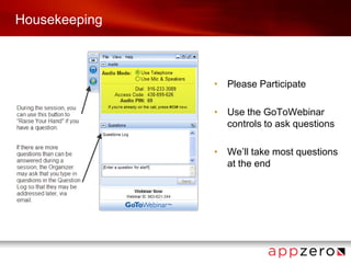 HousekeepingPlease ParticipateUse the GoToWebinar controls to ask questionsWe’ll take most questions at the end