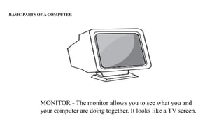 BASIC PARTS OF A COMPUTER
MONITOR - The monitor allows you to see what you and
your computer are doing together. It looks like a TV screen.
 