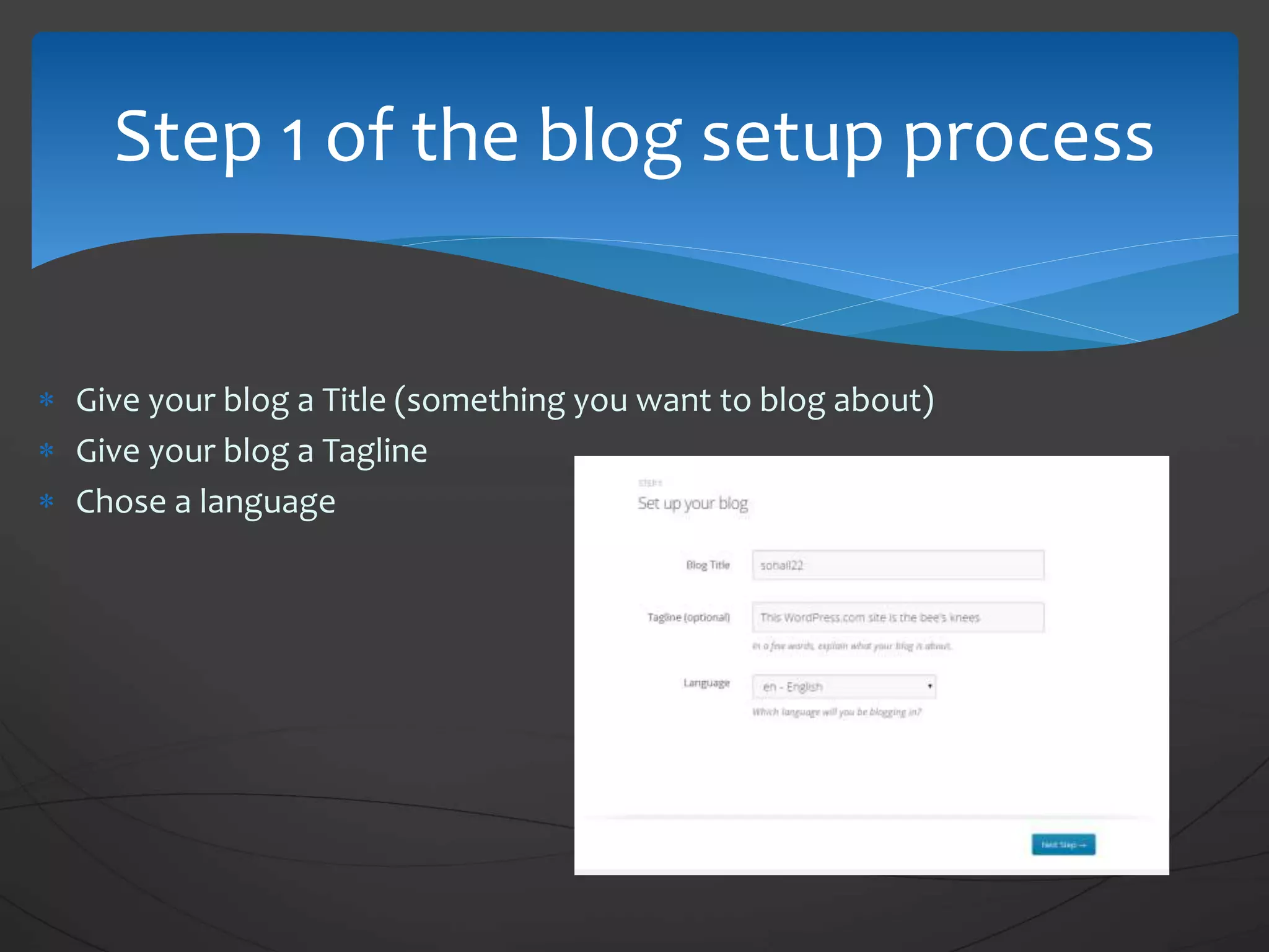  Give your blog a Title (something you want to blog about)
 Give your blog a Tagline
 Chose a language
Step 1 of the blog setup process
 