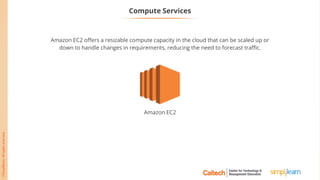 Amazon EC2
Compute Services
Amazon EC2 offers a resizable compute capacity in the cloud that can be scaled up or
down to handle changes in requirements, reducing the need to forecast traffic.
 