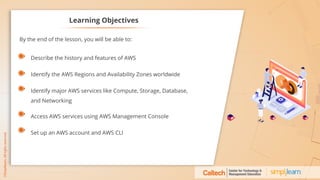 Learning Objectives
Describe the history and features of AWS
By the end of the lesson, you will be able to:
Identify the AWS Regions and Availability Zones worldwide
Identify major AWS services like Compute, Storage, Database,
and Networking
Access AWS services using AWS Management Console
Set up an AWS account and AWS CLI
 