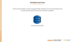 Database Services
Amazon DynamoDB is a fully managed NoSQL database service that facilitates fast
and predictable performance with seamless scalability.
Amazon DynamoDB
 