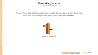 Networking Services
Amazon Route 53 is a highly scalable and available Domain Name System (DNS) web
service for domain registration, DNS routing, and health checking.
Amazon Route 53
 