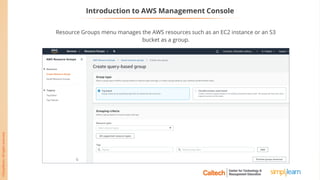 Introduction to AWS Management Console
Resource Groups menu manages the AWS resources such as an EC2 instance or an S3
bucket as a group.
 