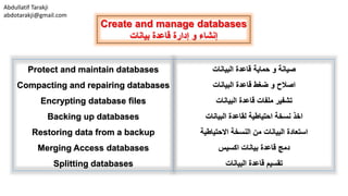 Abdullatif Tarakji
abdotarakji@gmail.com
Create and manage databases
‫بيانات‬ ‫قاعدة‬ ‫إدارة‬ ‫و‬ ‫إنشاء‬
Protect and maintain databases
Compacting and repairing databases
Encrypting database files
Backing up databases
Restoring data from a backup
Merging Access databases
Splitting databases
‫صيانة‬‫قاعدة‬ ‫حماية‬ ‫و‬‫البيانات‬
‫اصالح‬‫قاعدة‬ ‫ضغط‬ ‫و‬‫البيانات‬
‫تشفير‬‫قاعدة‬ ‫ملفات‬‫البيانات‬
‫اخذ‬‫لقاعدة‬ ‫احتياطية‬ ‫نسخة‬‫البيانات‬
‫استعادة‬‫النسخة‬ ‫من‬ ‫البيانات‬‫االحتياطية‬
‫دمج‬‫بيانات‬ ‫قاعدة‬‫اكسيس‬
‫تقسيم‬‫البيانات‬ ‫قاعدة‬
 