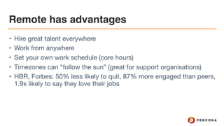 Remote has advantages
• Hire great talent everywhere

• Work from anywhere

• Set your own work schedule (core hours)

• Timezones can “follow the sun” (great for support organisations)

• HBR, Forbes: 50% less likely to quit, 87% more engaged than peers,
1.9x likely to say they love their jobs
 
