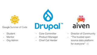 - Student
- Mentor
- Org Admin
- Core Committer
- Product Manager
- Chief Cat Herder
- Director of Community
- “The trusted open
source data platform
for everyone” :-)
 