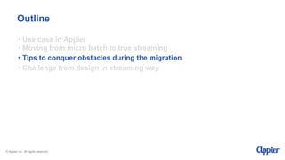 • Use case in Appier
• Moving from micro batch to true streaming
• Tips to conquer obstacles during the migration
• Challenge from design in streaming way
Outline
© Appier Inc. All rights reserved.
 