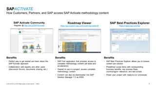 7
PUBLIC
© 2019 SAP SE or an SAP affiliate company. All rights reserved. ǀ
Benefits
▪ SAP Best Practices Explorer allows you to browse
content per solution
▪ Predefined scope items with corresponding
business benefits, key process flows,
country/region relevance, and test scripts
▪ Power your project with ready-to-run processes
Benefits
▪ SAP Fiori application that provides access to
complete methodology content (all tasks and
accelerators)
▪ Geared to use in a project, access complete
methodology content
▪ Content can also be downloaded into SAP
Solution Manager 7.2 as WBS
Benefits
▪ Perfect way to get started and learn about the
SAP Activate approach
▪ Collaboration with experts and other users
(discussion forums, documents sharing, etc.)
SAPACTIVATE
How Customers, Partners, and SAP access SAP Activate methodology content
SAP Activate Community
Register @ http://bit.ly/SAPActivate
Roadmap Viewer
https://go.support.sap.com/roadmapviewer/#
SAP Best Practices Explorer
https://rapid.sap.com/bp/
 