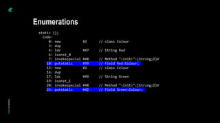 static {};
Code:
0: new #2 // class Colour
3: dup
4: ldc #47 // String Red
6: iconst_0
7: invokespecial #48 // Method "<init>":(String;I)V
10: putstatic #39 // Field Red:Colour;
13: new #2 // class Colour
16: dup
17: ldc #49 // String Green
19: iconst_1
20: invokespecial #48 // Method "<init>":(String;I)V
23: putstatic #42 // Field Green:Colour;
Enumerations
 