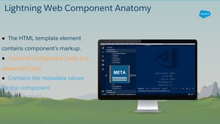 Lightning Web Component Anatomy
META
● The HTML template element
contains component’s markup.
● Contains Component Code in a
Javascript Class
● Contains the metadata values
for the component
 