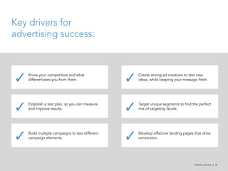 Key drivers for
advertising success:



 ✓   Know your competitors and what
     differentiates you from them.                ✓   Create strong ad creatives to test new
                                                      ideas, while keeping your message fresh.




 ✓   Establish a test plan, so you can measure
     and improve results.                         ✓   Target unique segments to find the perfect
                                                      mix of targeting facets.




 ✓   Build multiple campaigns to test different
     campaign elements.                           ✓   Develop effective landing pages that drive
                                                      conversion.




                                                                                      linkedin.com/ads | 4
 