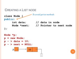 CREATING A LIST NODE
p 10
class Node {
public:
int data; // data in node
Node *next; // Pointer to next node
};
Node *p;
p = new Node;
p - > data = 10;
p - > next = NULL;
16
To avoid get/set methods
 