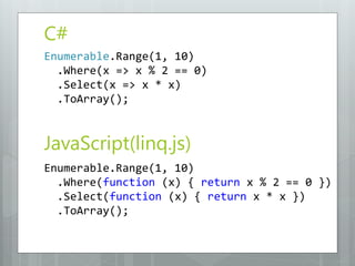 C#
Enumerable.Range(1, 10)
  .Where(x => x % 2 == 0)
  .Select(x => x * x)
  .ToArray();


JavaScript(linq.js)
Enumerable.Range(1, 10)
  .Where(function (x) { return x % 2 == 0 })
  .Select(function (x) { return x * x })
  .ToArray();
 